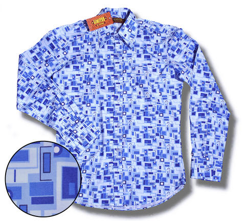 Chenaski Ltd Edition Retro 60's 70's Squares Print Long Sleeve Shirt Powder Blue Preview